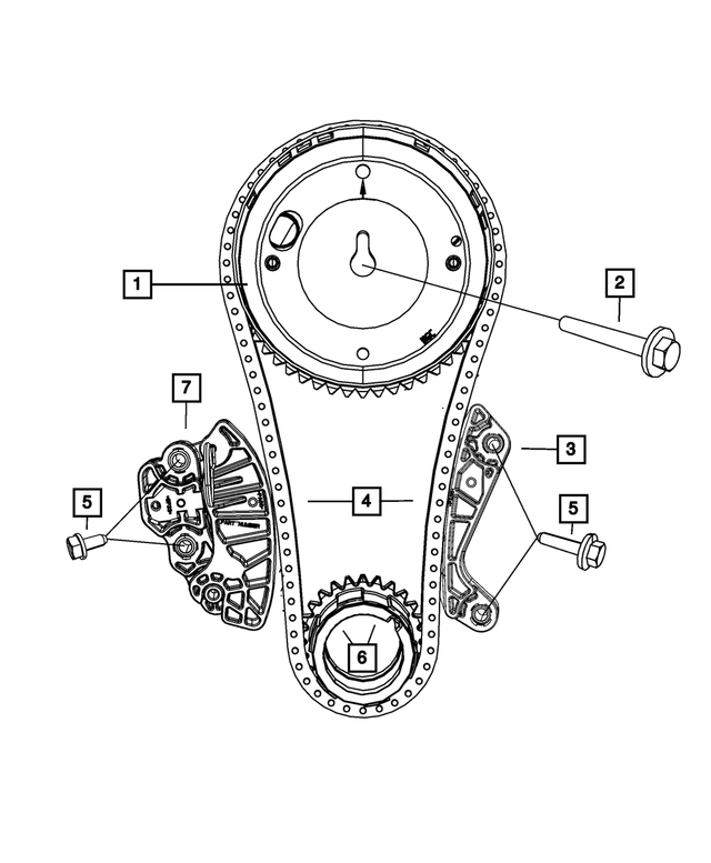 Bolt distribution timing tensioner and guide HEMI